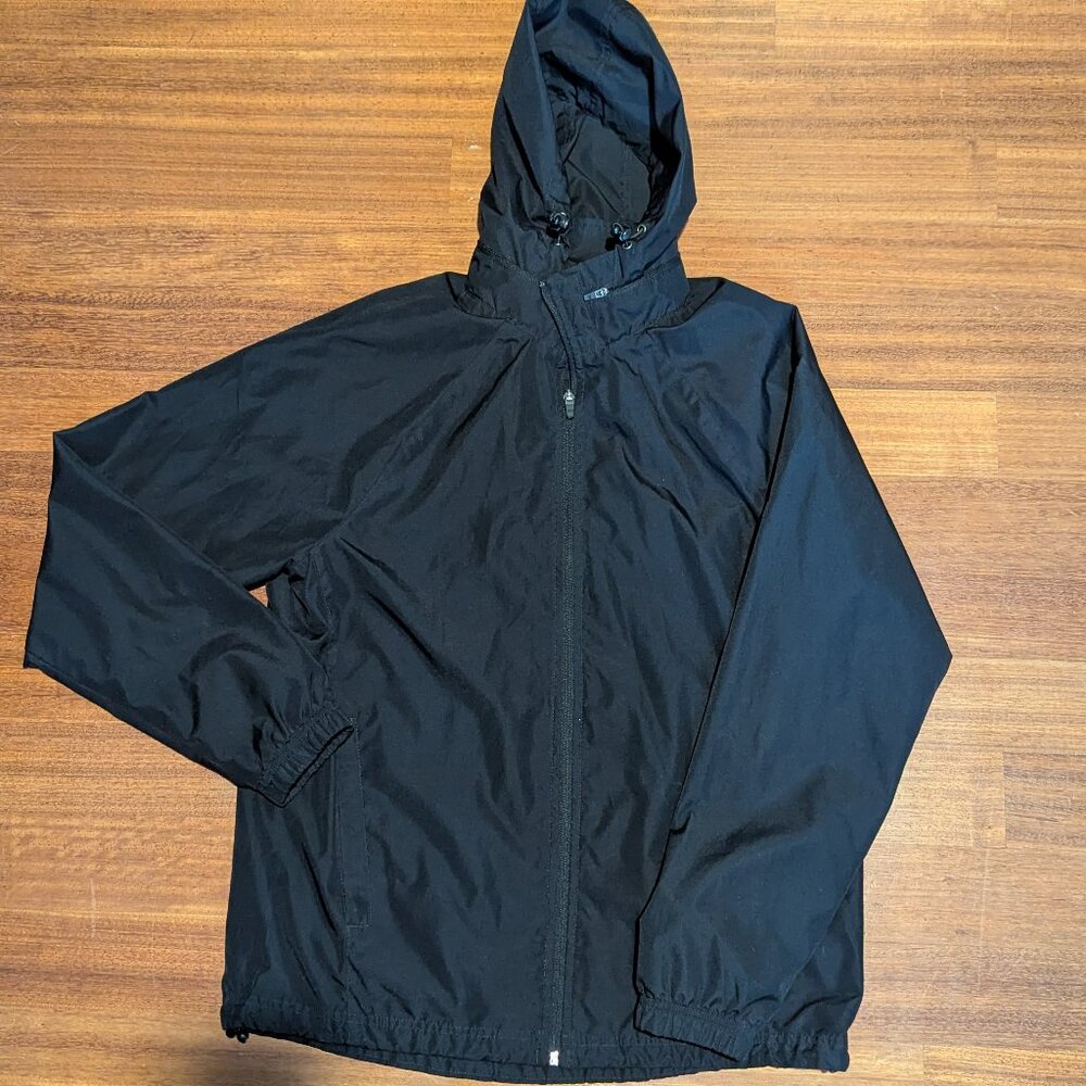 TEK GEAR-MEN'S SMALL BLACK WINDBREAKER WITH FOLD AWAY HOOD-GOOD CONDITION
